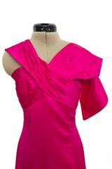 2000s Valentino Roma Brillaint & Vibrant Pink Silk One Shoulder Dress w Draped Front Panels