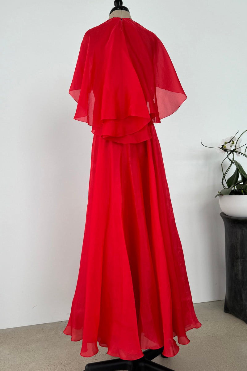 1979 Givenchy Red Organza Caped Dress