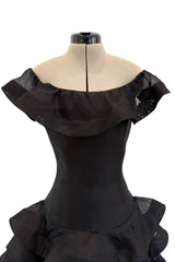 Gorgeous Spring 1992 Oscar de la Renta Runway Black Silk Organza Net Ruffled Off Shoulder Dress