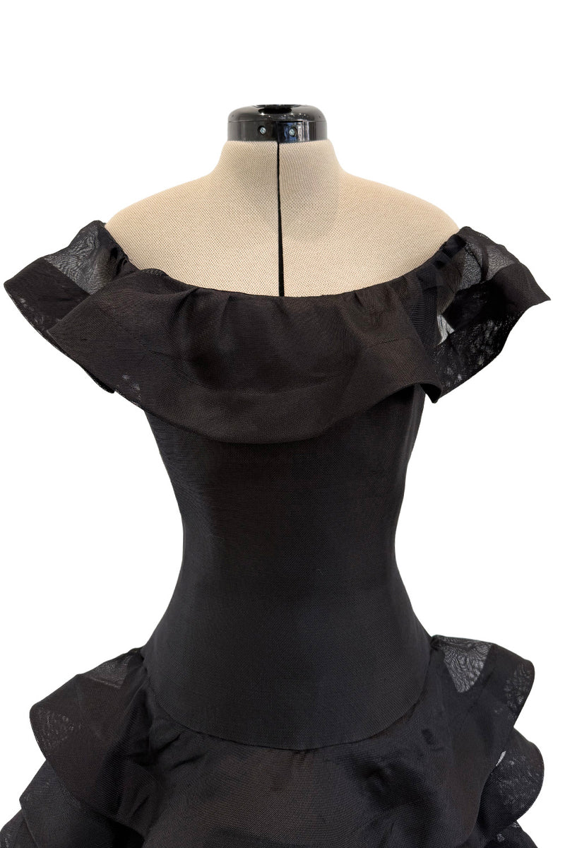 Gorgeous Spring 1992 Oscar de la Renta Runway Black Silk Organza Net Ruffled Off Shoulder Dress