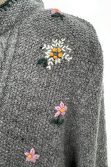 Wonderful 1980s Moser Deep Grey Colour Hand Knit Cardigan Sweater w Floral Details & Metal Buttons