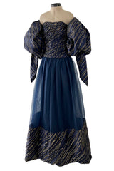 Very Rare Fall 1986 Chanel by Karl Lagerfeld Blue & Gold Strapless w Removable Sleeves