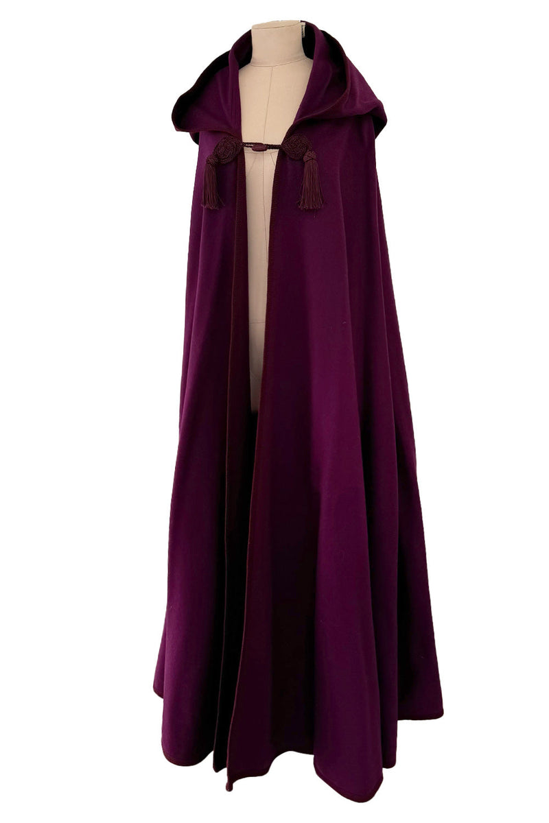 Iconic Fall 1976 Yves Saint Laurent Deep Purple Hooded Cape w Braided Edges & Tassel Details