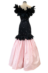 Rare 1986 Fabrice Simon Couture Off Shoulder Beaded Black Dress w Pastel Pink Lower Skirts