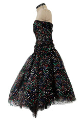 Gorgeous 1980s Arnold Scaasi Black Net Dress w Multi Colour Sequins & Asymmetrical Skirt