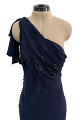 Spring 2008 Christian Dior by John Galliano Deep Blue Silk Chiffon One Shoulder Dress w Beading
