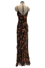 Beautiful Fall 2005 John Galliano Bias Cut Soft Brown Cut Devore Velvet & Chiffon Floral Print Dress