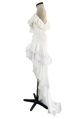 Spring 1988 Emanuel Ungaro Haute Couture Ivory Silk, Silk Net & Dotted Tulle One Shoulder Trained Mini Dress