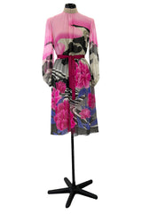 Romantic 1970s Hanae Mori Huge Pink Floral Print Silk Chiffon Dress w Grey Scale Backdrop