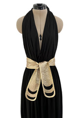 Documented 1981 Bill Tice Plunge Front Black & Gold Nylon Jersey Backless Halter Dress