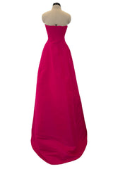 Gorgeous 1980s Oscar de la Renta Deep Fuchsia Pink Silk Strapless Silk Dress w Full Skirt