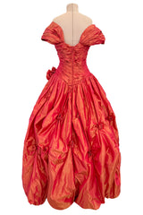 1989 Loris Azzaro Irridescent Coral Silk Taffeta Dress w Rosette Floral Detail
