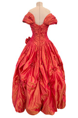 Romantic 1980s Loris Azzaro Irridescent Soft Coral Silk Taffeta Dress w Rosette Floral Detail