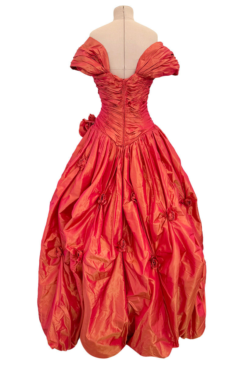 Romantic 1980s Loris Azzaro Irridescent Soft Coral Silk Taffeta Dress w Rosette Floral Detail