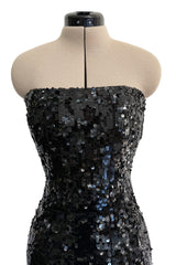 Fantastic 1980s Bob Mackie Strapless Glossy Black Sequin Stretch Dress w Back Kick Skirt