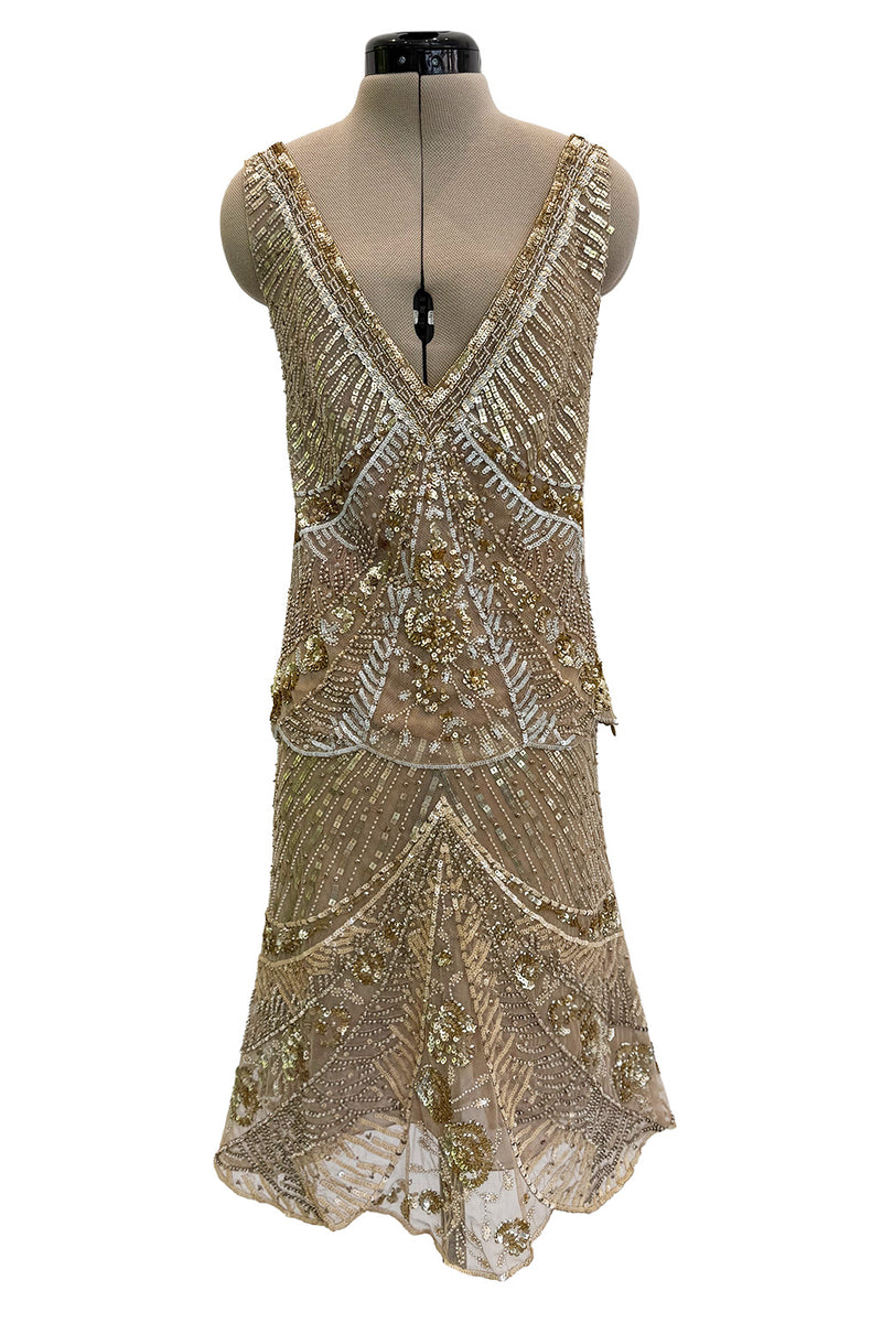 Prettiest 2000s Valentino Roma Metallic Gold Sequin & Bead Silk Chiffon on Netting Top and Skirt Set