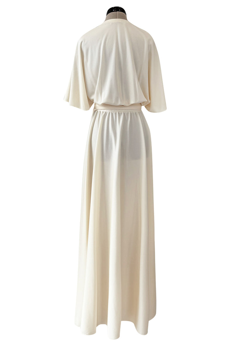 1970s Halston Draped Minimal Seamed Ivory Jersey Wrap Over Dress w Full Sleeves
