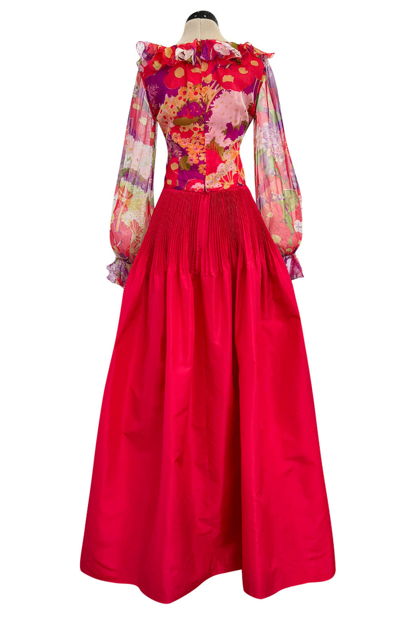 Incredible 1972 Yves Saint Laurent Red Floral Silk Chiffon & Red Silk Dress w Balloon Sleeves & Pleat Detailing