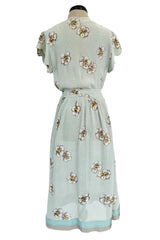 Prettiest 1930s Unlabeled Blue Handpainted Floral Dress Made of Unusual Woven Fabric