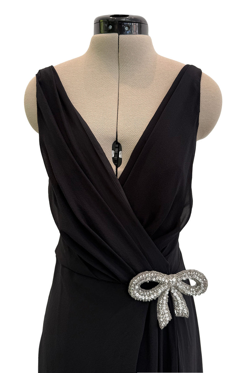 Beautiful 2000s Valentino Roma Black Bias Cut Silk Chiffon Dress w Front & Back Plunge & Silver Sequin Bow