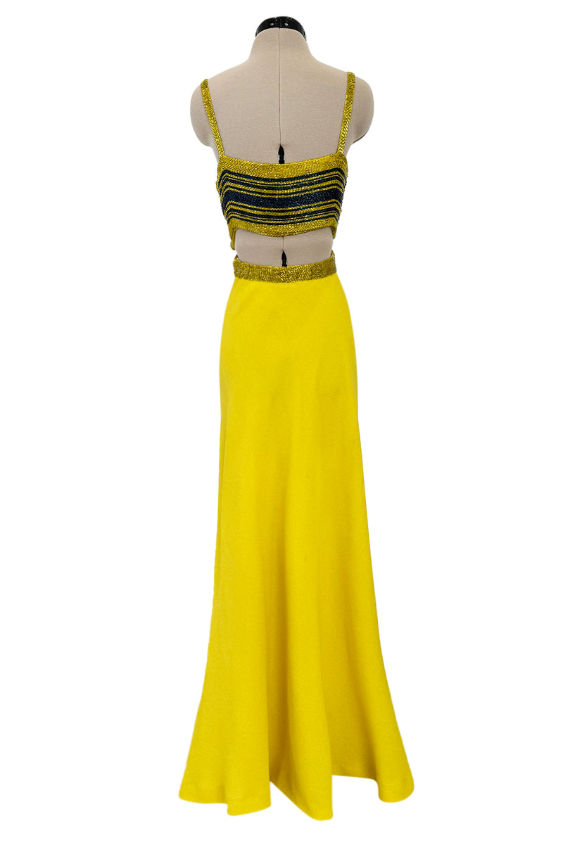Exceptional 1960s James Galanos Yellow Silk Crepe w Blue & Yellow Beaded Back Cut Out Top
