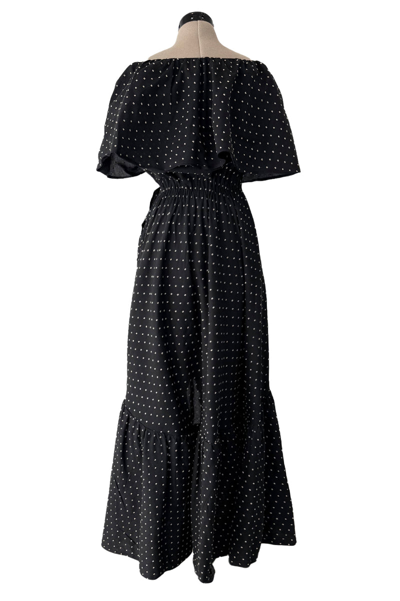Dreamy 1981 Halston White Embroidered Dot on Black Wrap Off Shoulder Dress w Caped Neckline