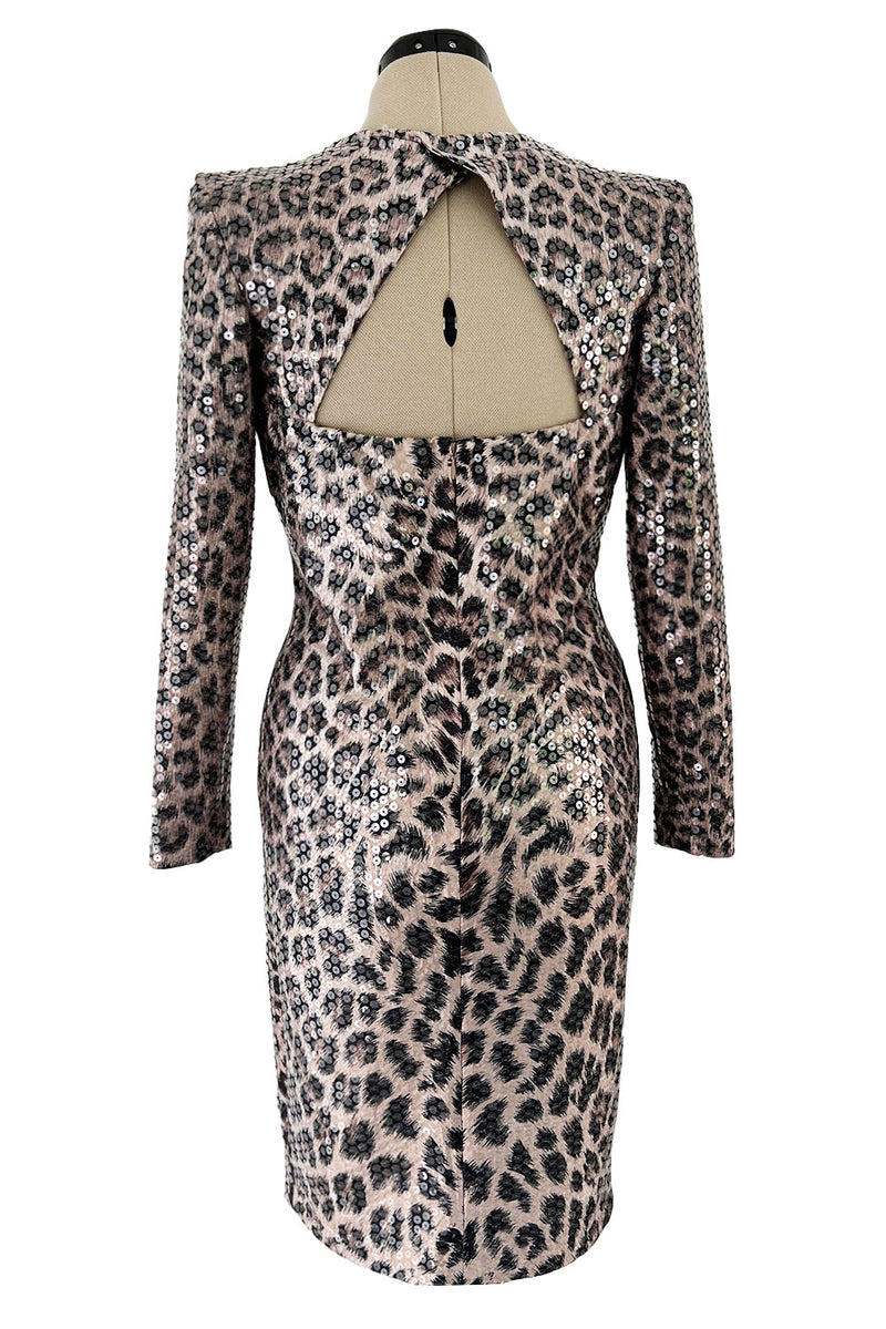 Sexiest Fall 1995 Loris Azzaro Couture Sequin Covered Leopard Print Dress w Open Cut Outs