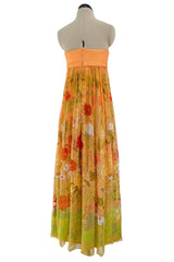 Gorgeous 1970s Hanae Mori Strapless Pastel Floral Print Chiffon & Silk Dress w Shawl