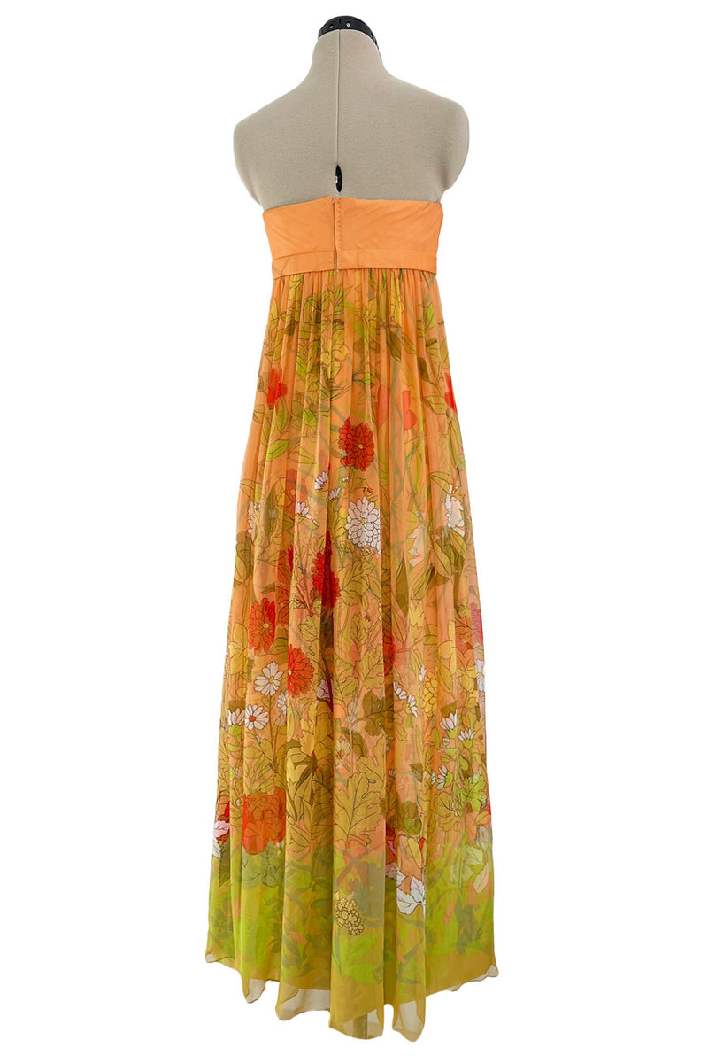 Gorgeous 1970s Hanae Mori Strapless Pastel Floral Print Chiffon & Silk Dress w Shawl