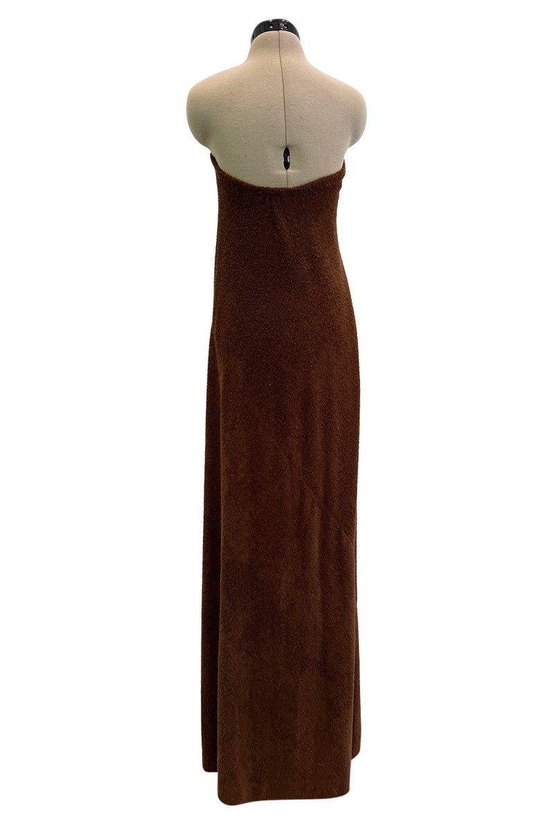 Ultra Rare 1976 Halston Iconic Front Tying Easy to Wear Column Dress in a Bias Cut Chocolate Brown Terry Cloth