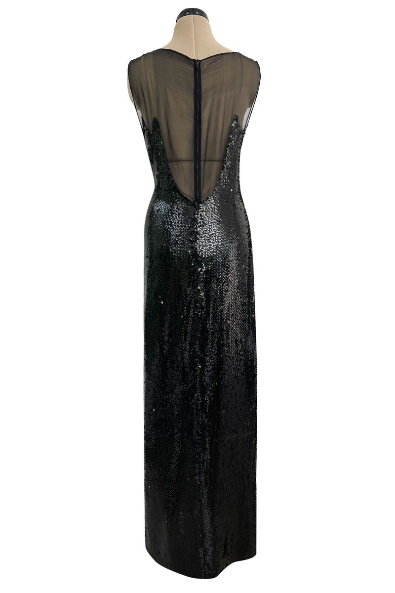 1973 Loris Azzaro Couture Black Flame Sequin Detailing & Feather Light Silk Chiffon Dress