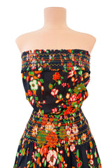 Wonderful c.1974 Yves Saint Laurent Brilliant Floral Print Strapless Cotton Dress w Top Stitched Gathers