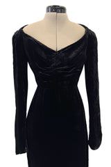 Fall 1984 Christian Dior by Marc Bohan Haute Couture Runway Black Velvet Dress w Wide Neckline