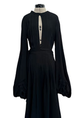 1971 Ossie Clark Couture "Come Fly With Me" Black Moss Crepe Open Back Wrap Dress w Huge Sleeves