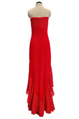 Prettiest Spring 2002 Valentino Runway Strapless Red Dot Silk Chiffon Dress w Ruffled Tiers