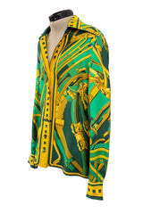 Fantastic Vintage 1999 Hermes Rythmes du Monde by Laurence Bourthoumieux Green Silk Twill Top