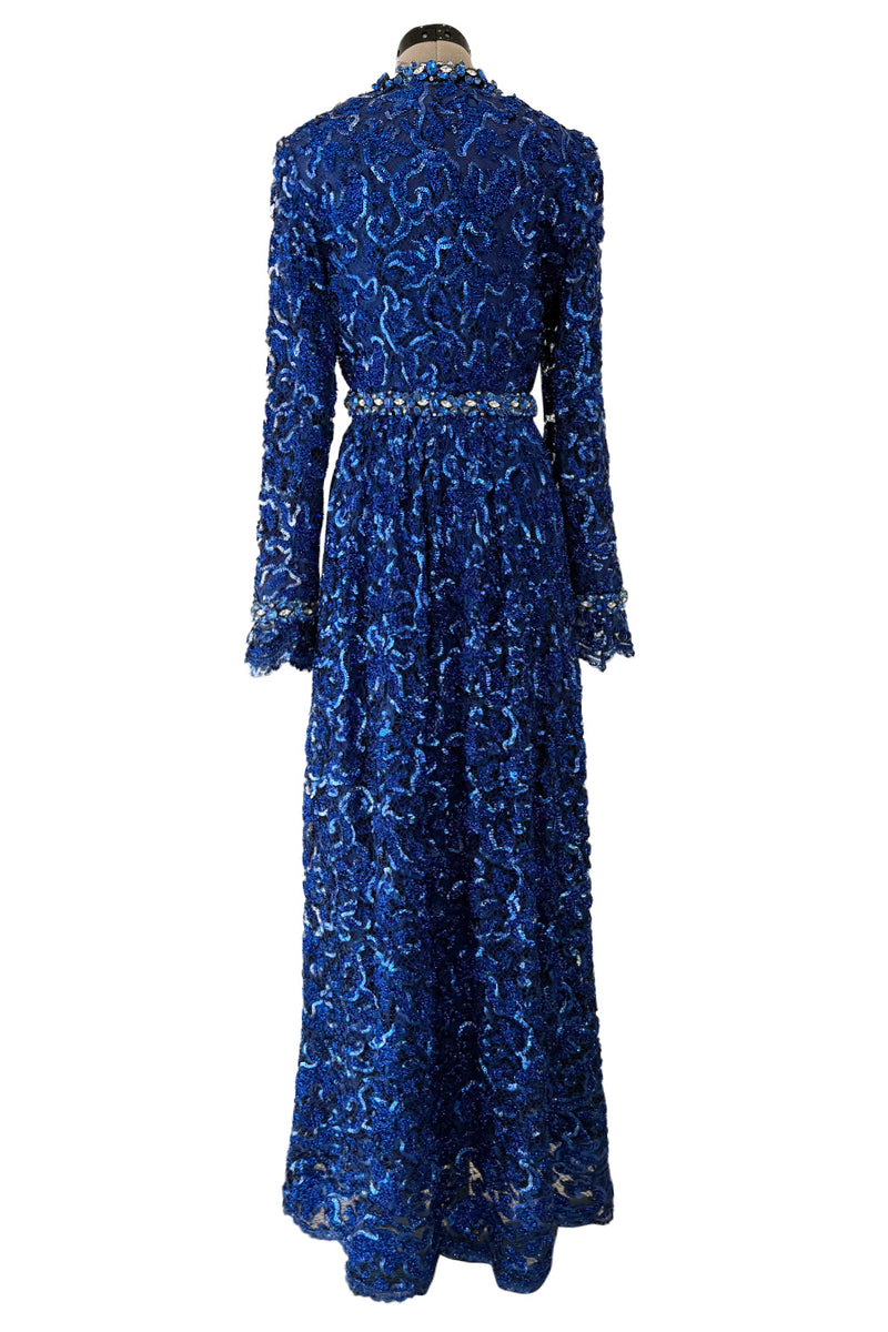 Documented 1970 Oscar de la Renta Brilliant Blue Sequin & Rhinestone Plunge Dress