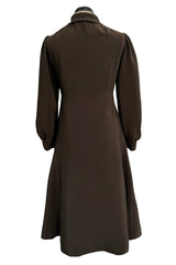 Elegant 1970s Madame Gres Haute Couture Chocolate Brown Day Dress w Full Sleeves & Collar