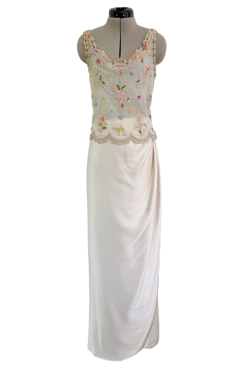 Prettiest Spring 2000 Original Valentino Runway Look 84 Embroidered Camisole, Jacket & Silk Skirt Set