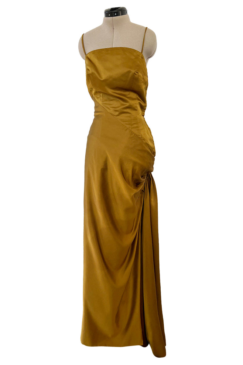 Stunning 1968 Mr Blackwell Custom Deep Copper Gold Silk Dress w Hip Swag & Flower Pin