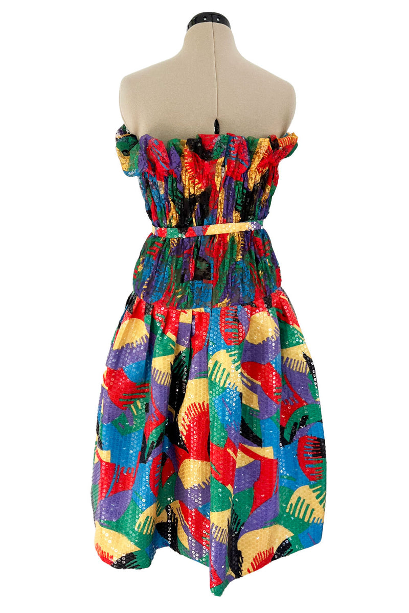 Incredible 1980s Arnold Scaasi Couture Brilliant Multi Colour Net & Vivid Sequin Covered Dress