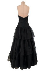 1940s Jean Patou Haute Couture Strapless Black Silk Chiffon Dress w Tiered Full Skirt