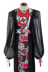 Extraordinary 1969 Thea Porter Black Silk Chiffon Dress w Red Print & Huge Balloon Sleeves