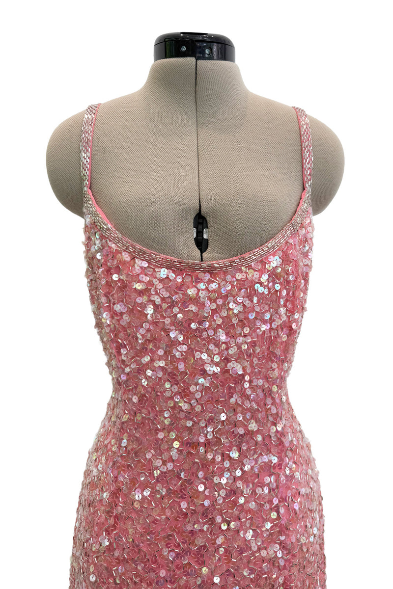 Prettiest 1980s Oleg Cassini Pink Silk Dress Covered in Iridescent Sequins w Silver Tube Bead Detailing & Trim