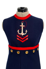 Museum Held Spring 1968 Norman Norell Unlabeled Couture Blue Button & Anchor Sailor Dress