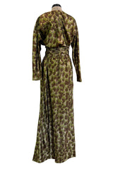 Fall 1979 Halston Runway Olive Brown & Deep Metallic Gold Leopard Print Bias Cut Dress w Belt