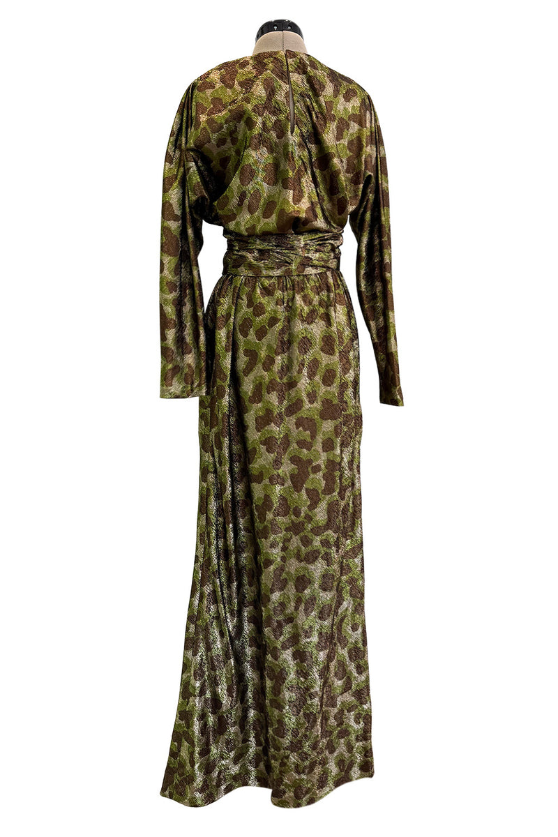 Fall 1979 Halston Runway Olive Brown & Deep Metallic Gold Leopard Print Bias Cut Dress w Belt