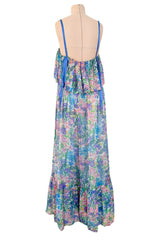 Spectacular Spring 1978 Christian Dior by Marc Bohan Blue Floral Silk Chiffon Dress w Ribbon Straps