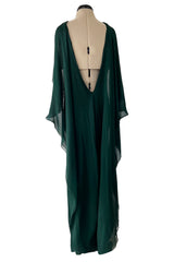 Fall 1975 Beautiful Halston Runway Flowing Deep Green Silk Chiffon w Low Back Plunge