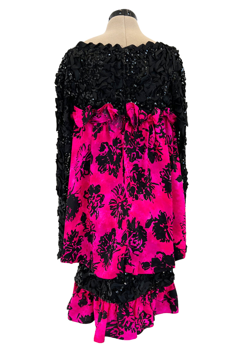 Dramatic Fall 1987 Yves Saint Laurent Runway Pink & Floral Silk Dress Shrimpton Couture Dramatic Fall 1987 Yves Saint Laurent Runway Pink & Floral Silk Dress Shrimpton Couture